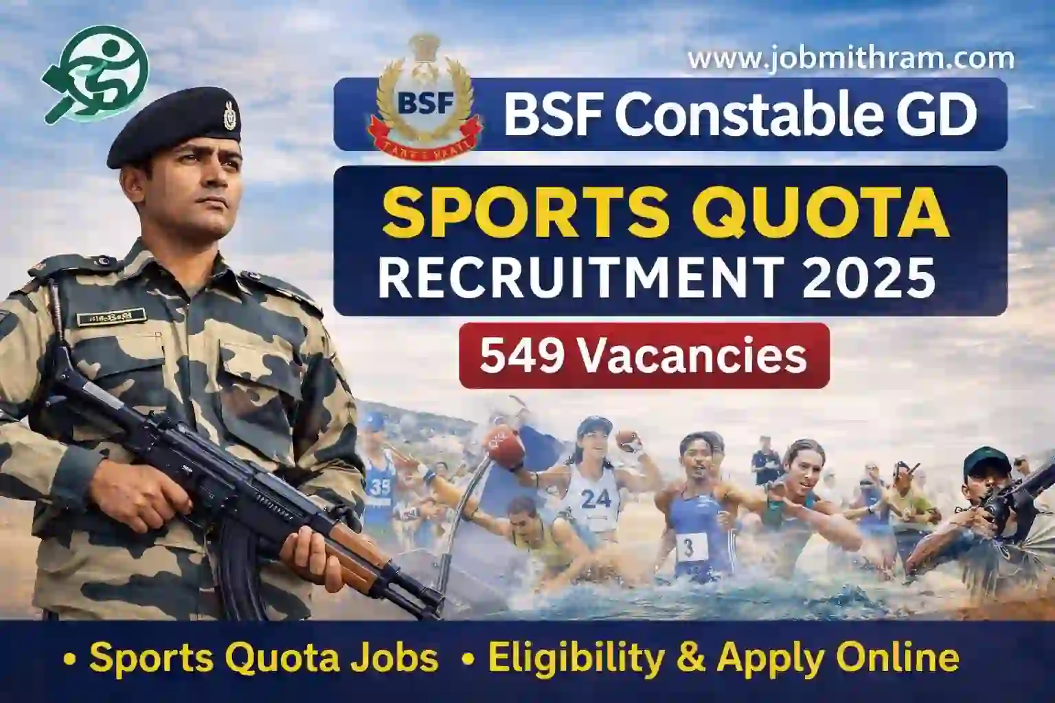 BSF Constable GD Sports Quota Recruitment 2025 featured image showing BSF soldier and sports athletes with 549 vacancies