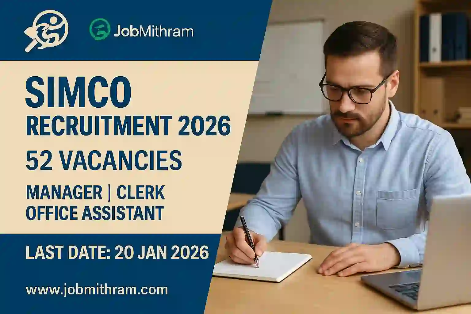 SIMCO Recruitment 2026 notification for 52 Manager Clerk and Office Assistant posts