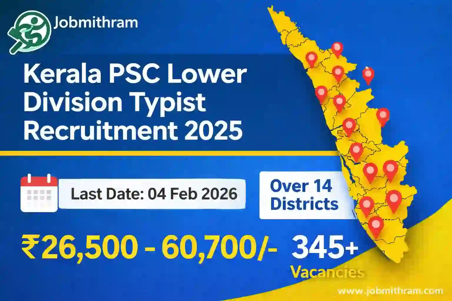 Kerala PSC Lower Division Typist Recruitment 2025 notification with salary, last date and district-wise vacancies – Jobmithram