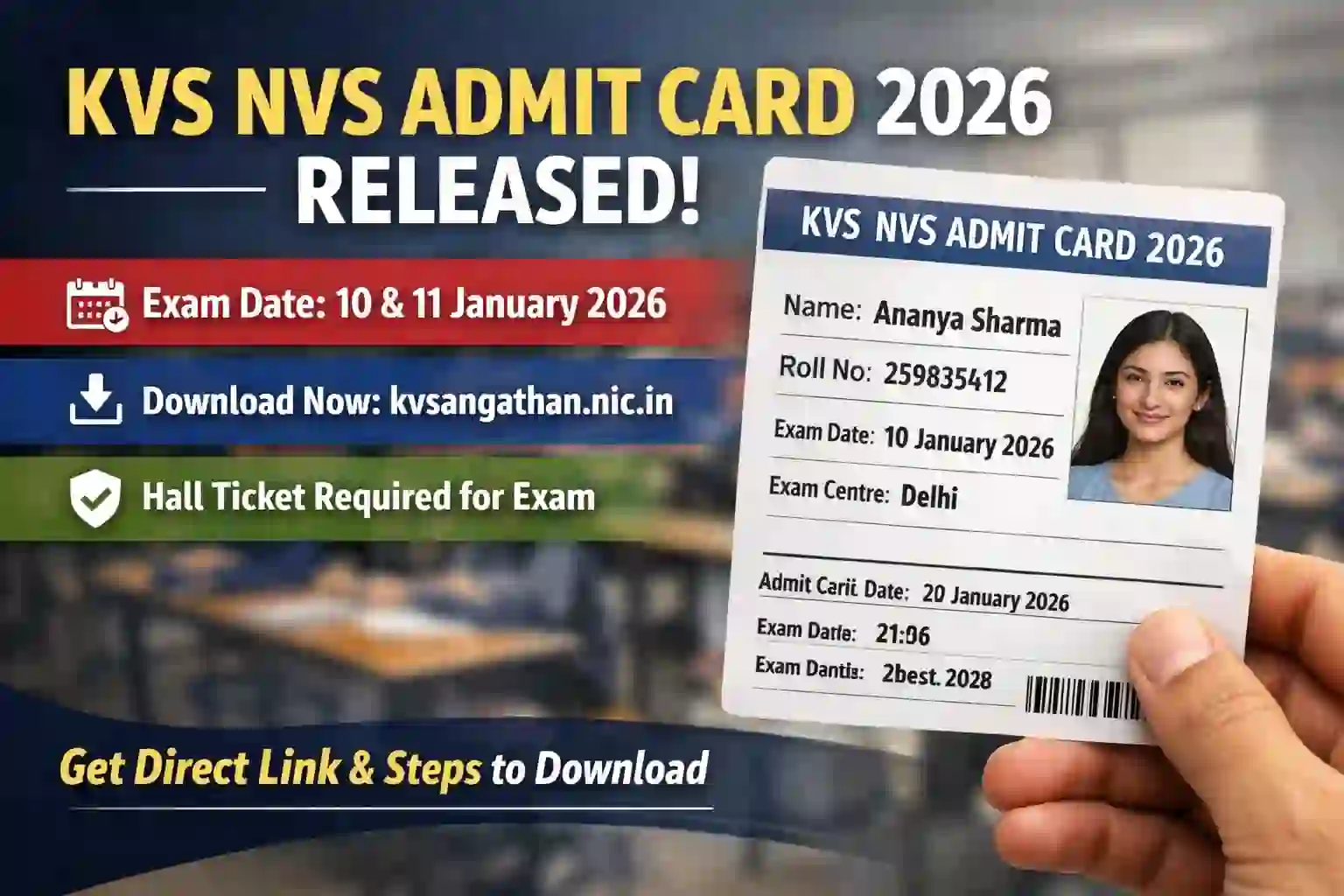 KVS NVS Admit Card 2026 download link with exam dates 10 and 11 January