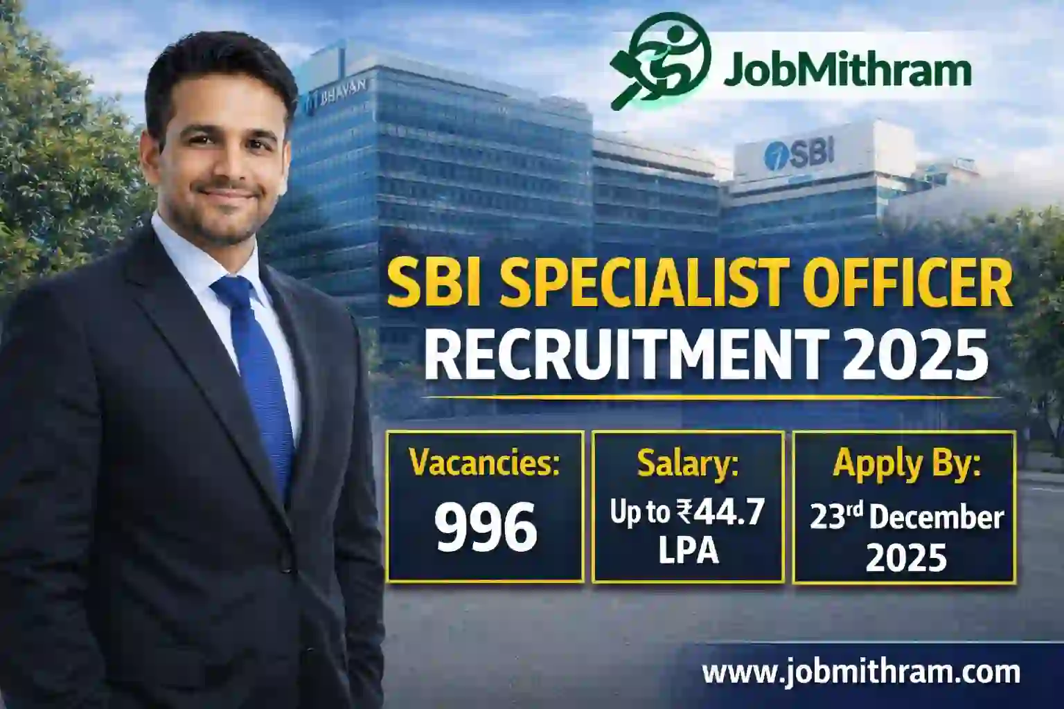 SBI Specialist Officer Recruitment 2025 with 996 vacancies salary up to 44.7 LPA
