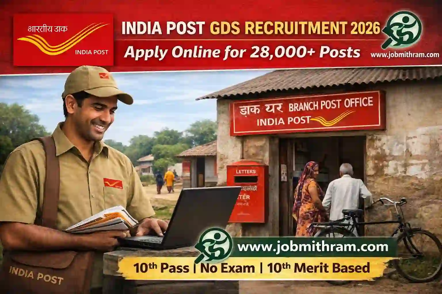 India Post GDS Recruitment 2026 featured image showing Gramin Dak Sevak working at rural branch post office – Apply online via JobMithram