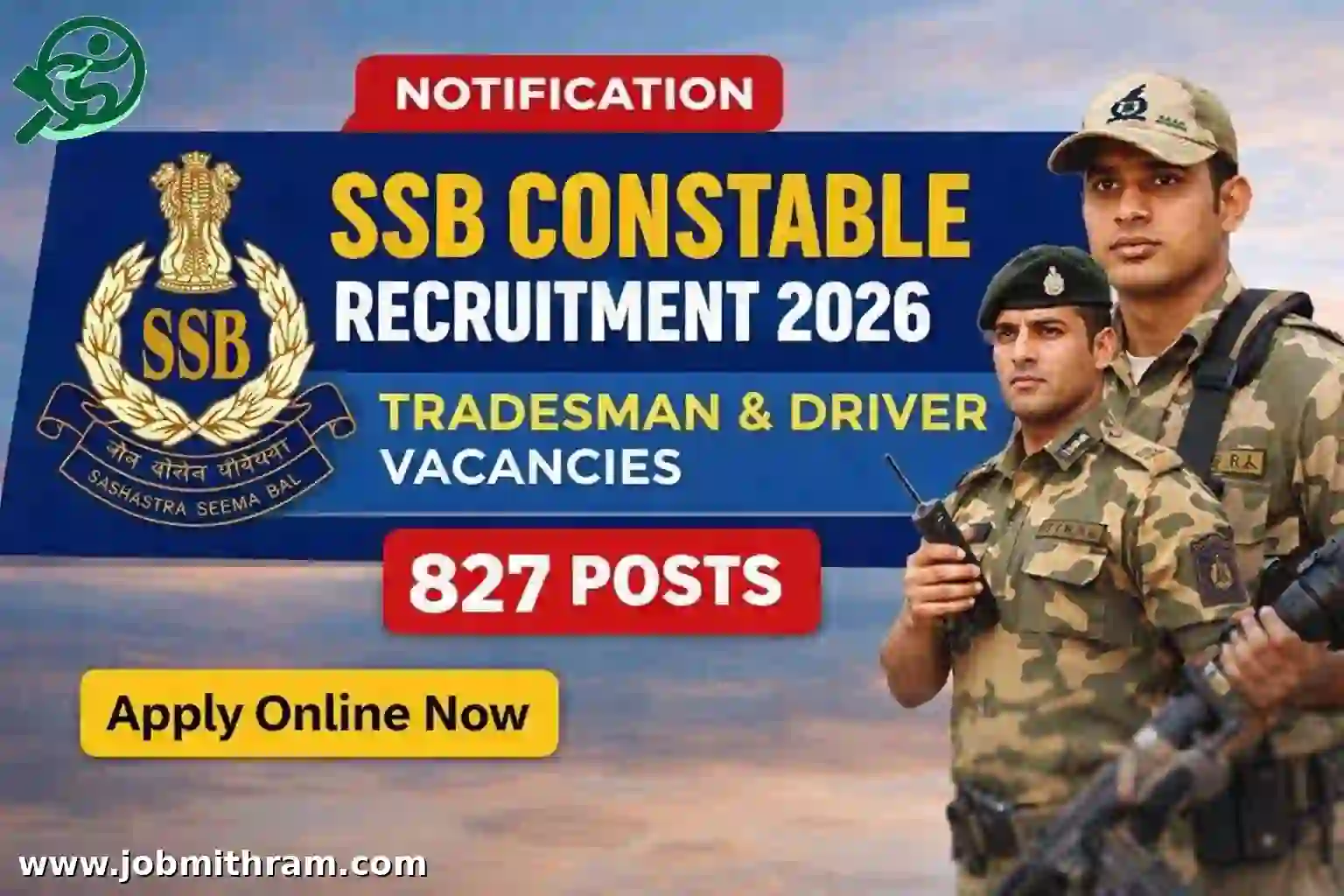 SSB Constable Recruitment 2026 notification for 827 tradesman and driver posts apply online